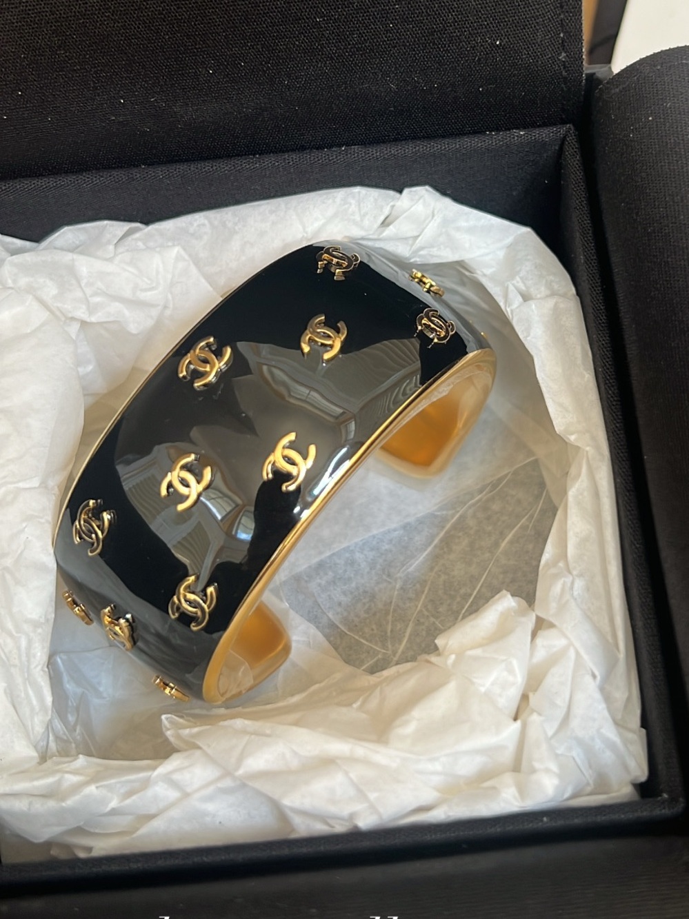 CHANEL 26 Black and Gold Logo Cuff Bracelet NIB w receipt